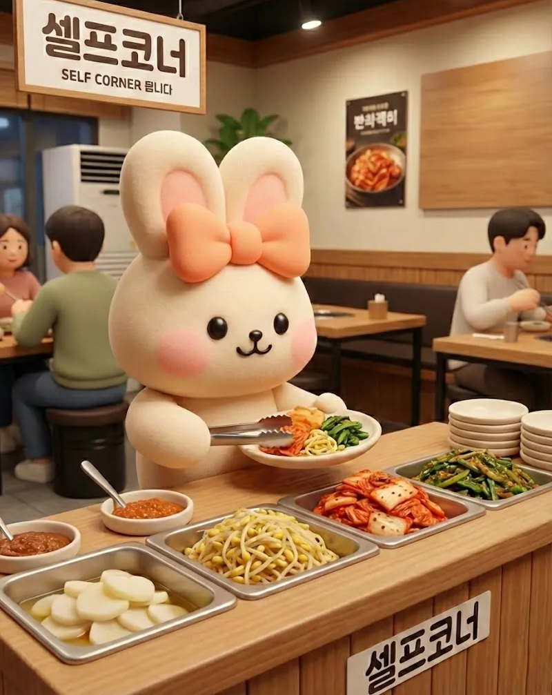 韓国の食堂やカフェで 「セルフ」って書いてあるの、 最初はちょっと迷いました🐰